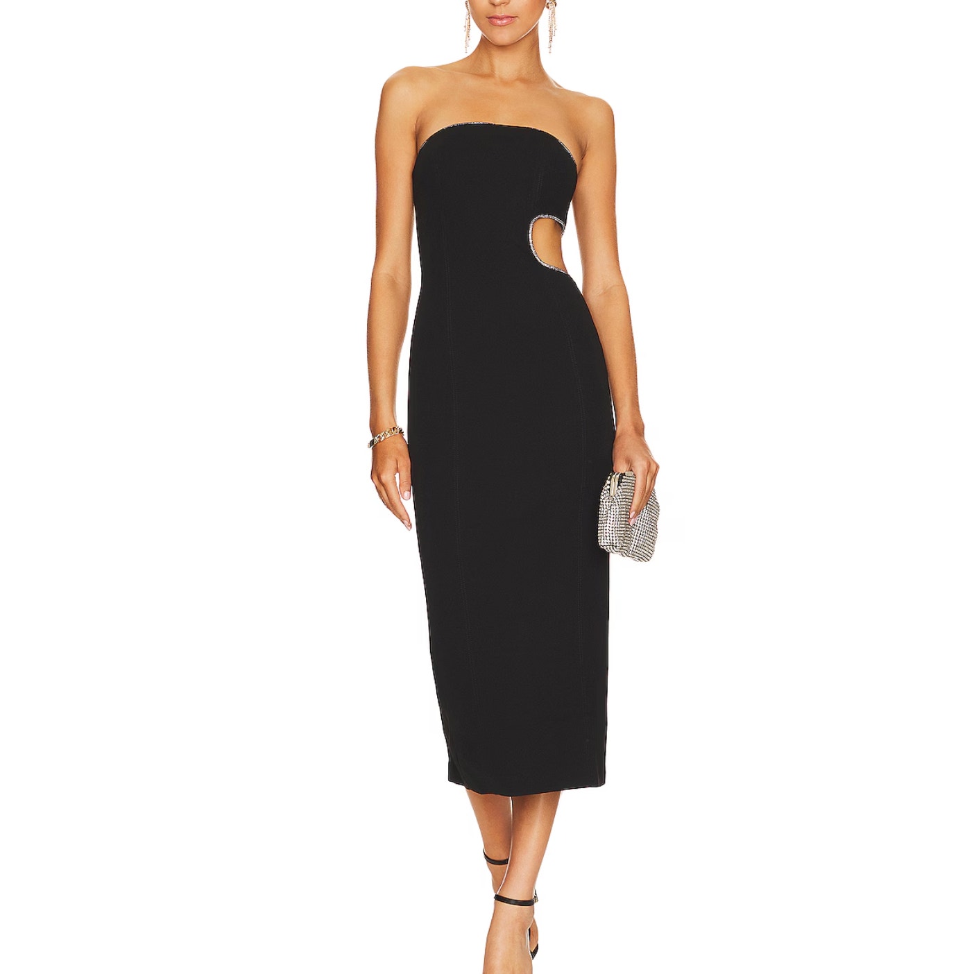 Misha Strapless Cocktail Midi Dress Black Size 2 Cutout Designer Rhinestone $344